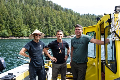 Tyson Atleo (center) with members of the Ahousaht Stewardship Guardian Program.