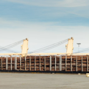 A ship loaded with raw logs awaiting export. Nanaimo