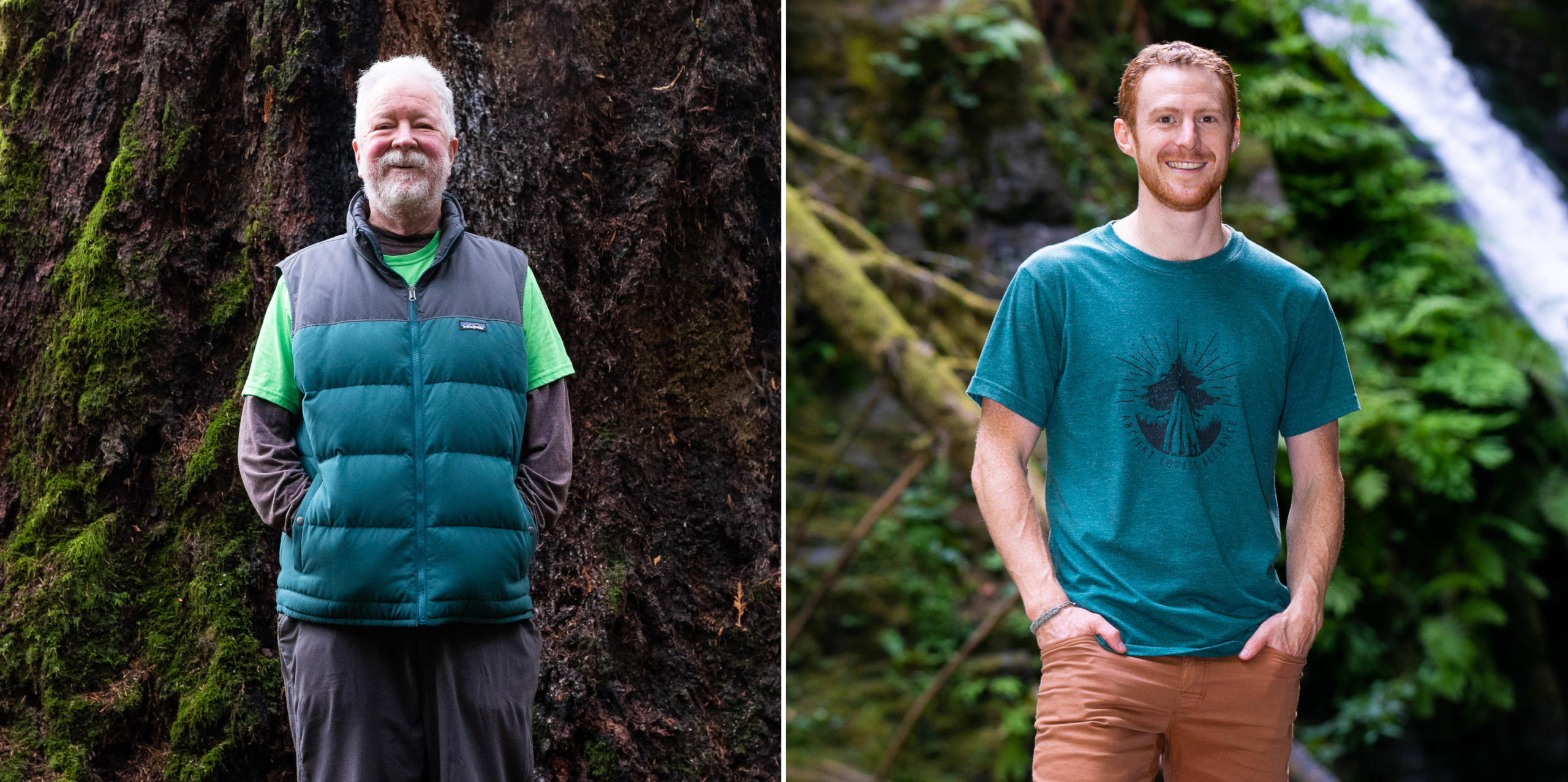 A man with grey hair and a beard stands in front of a massive old-growth tree wearing a puffy Patagonia vest and neon green t-shirt. Beside him on the right is a photo of another man with red hair and a beard wearing a teal Ancient Forest Alliance t-shirt, also standing in an old-growth forest.